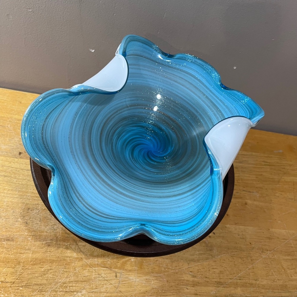 Murano Art Glass Console Bowl Blue White Vtg Swirl Ruffled Glitter 12.5"